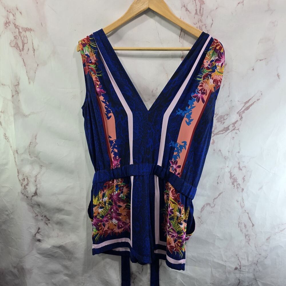 BCBG Romper Womens Small 6 Blue Lilly Short Sleeve Shorts Jumpsuit Playsuit Tie